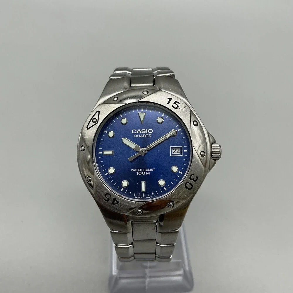 Casio 1346 MTD-1034 Mens Watch 37mm Blue Dial Silver Tone Date New Battery 6.5